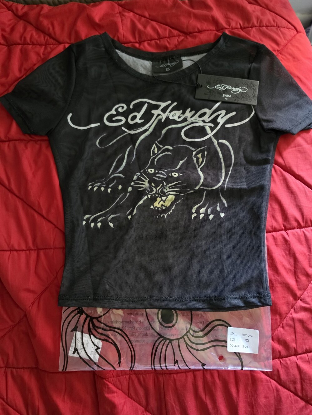 Ed Hardy FIRE! NWT! Swimwear Mesh Cover-up Panther Tee in Black. Sz XS. R2S!